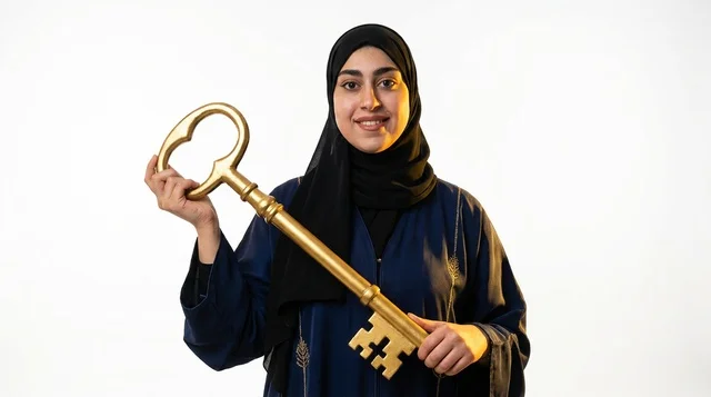 Emirati Woman Holding Large Golden Key on White Background