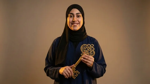 Arab Woman in Abaya Holding Golden Key Success
