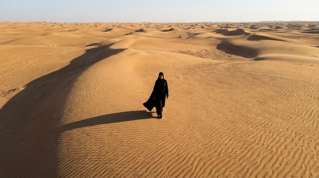 امرأة عربية تسير في الكثبان الرملية الصحراوية وقت الغروب