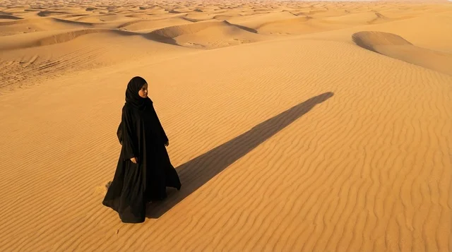 امرأة إماراتية بالعباءة تمشي على الكثبان الرملية