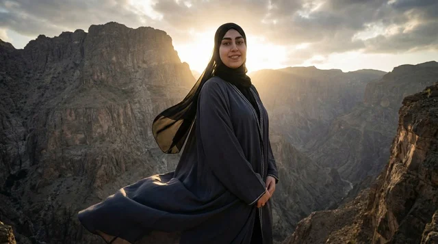 Omani Woman in Abaya at Mountain Sunset