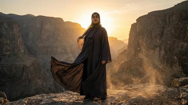 Omani Woman in Abaya on Mountain Peak at Sunset