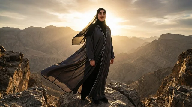 امرأة سعودية بالعباءة على قمة جبل وقت الغروب