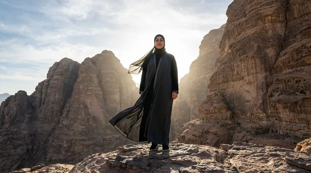 Saudi Woman in Black Abaya on Saudi Mountain Cliff