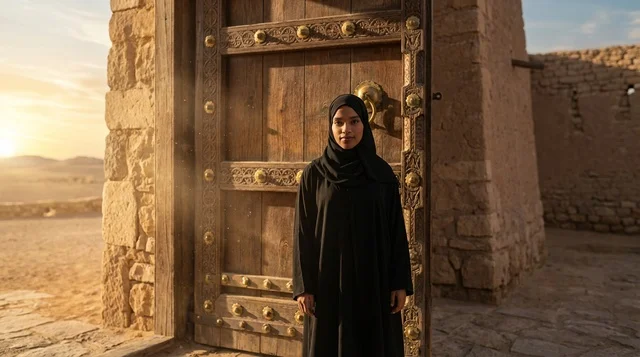 امرأة سعودية بالعباءة أمام باب خشبي تراثي وقت الغروب