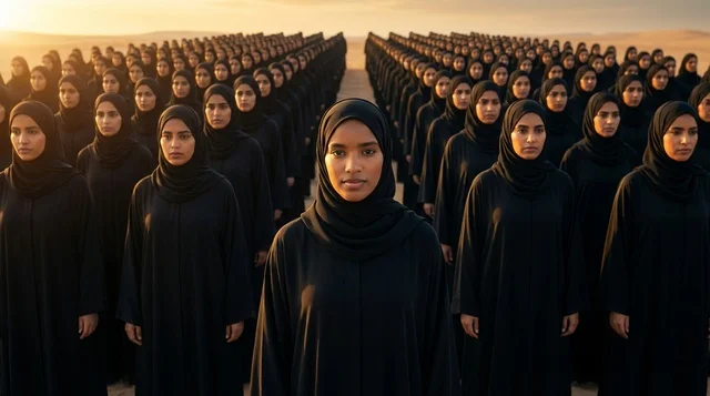 Saudi Women in Traditional Abayas in Desert Sunset