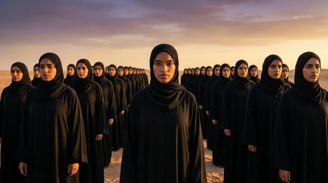Saudi Women in Traditional Abayas in Desert Sunset