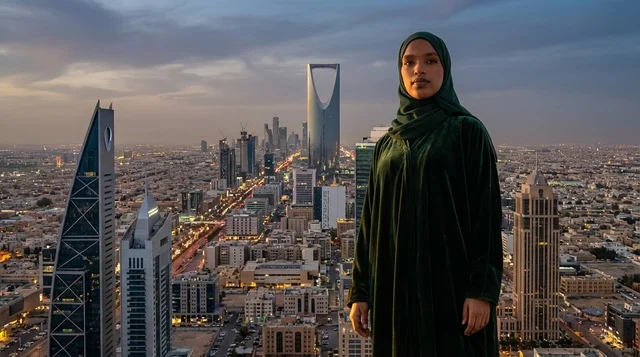 امرأة سعودية بالعباءة أمام أفق مدينة الرياض