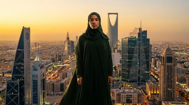 Saudi Woman in Abaya with Riyadh Skyline at Sunset