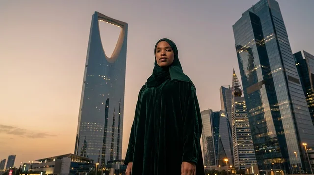 Saudi Woman at Kingdom Centre Riyadh Skyline Sunset