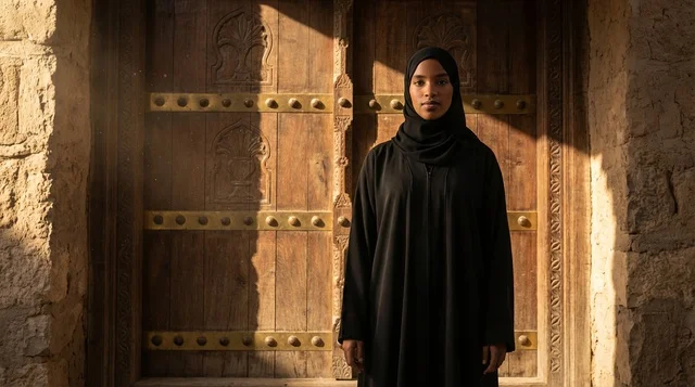 African Arab Woman in Black Abaya by Traditional Door