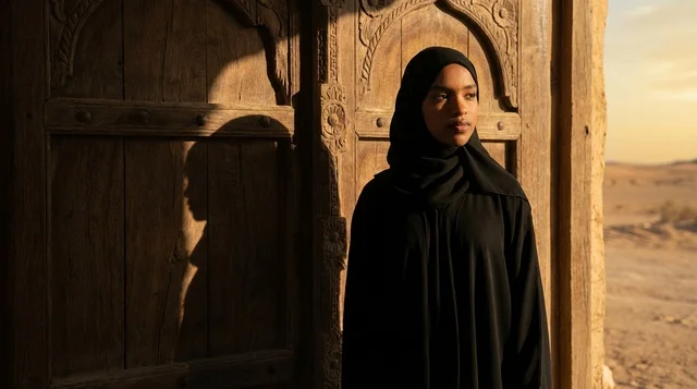 امرأة إماراتية بالعباءة أمام باب خشبي قديم عند الغروب