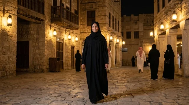امرأة سعودية بالعباءة تمشي في زقاق تاريخي