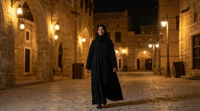 Saudi Woman in Black Abaya Walking Ancient Alley at Night