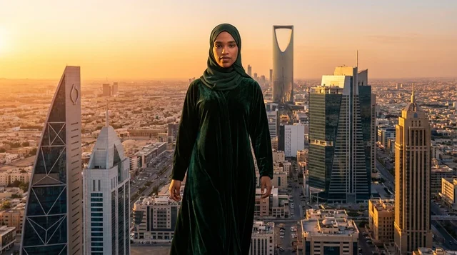 Saudi Woman in Green Abaya Riyadh Skyline at Sunset