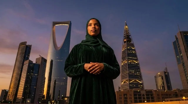Saudi Woman Riyadh Skyline Kingdom Centre at Sunset