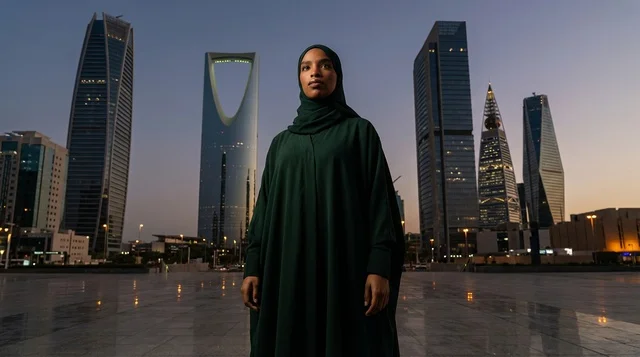 Saudi Woman in Green Abaya at Riyadh City Skyline
