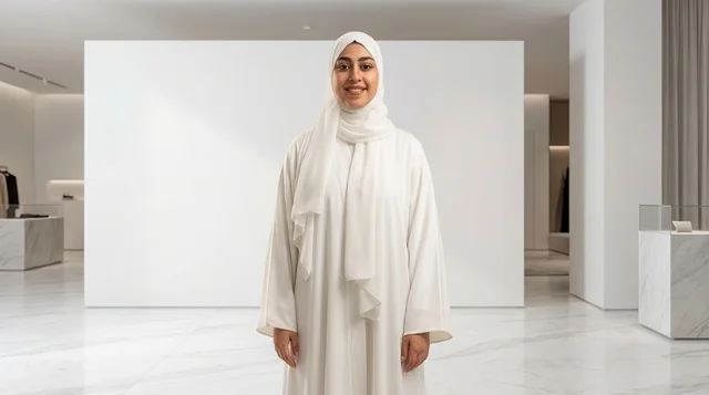 امرأة إماراتية بالعباءة البيضاء في صالة عرض حديثة