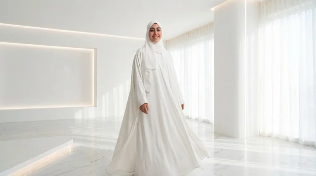 Middle Eastern Woman in White Abaya in Modern Hall