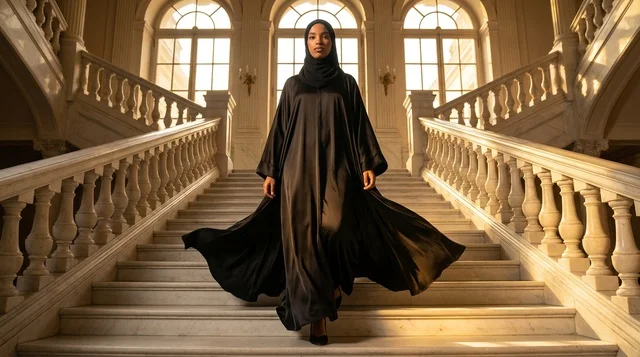 Saudi Woman in Black Abaya on Classical Marble Stairs