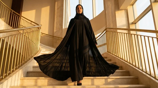 Saudi Woman in Black Abaya on Grand Staircase at Sunset