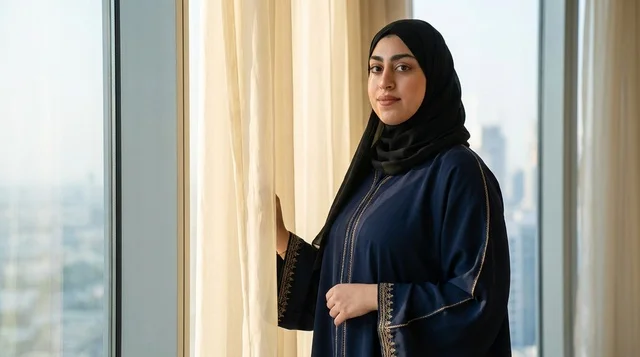 امرأة إماراتية بعباءة تقليدية بجانب نافذة تطل على المدينة