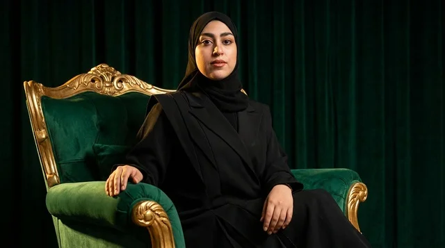 Saudi Woman in Hijab Sitting on Luxury Velvet Chair