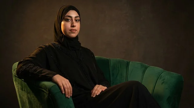 امرأة سعودية بالعباءة السوداء تجلس على كرسي أخضر