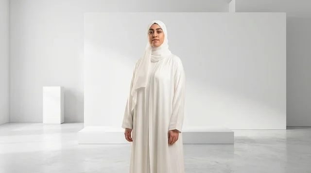 Arab Woman in White Abaya Minimalist White Studio Setting