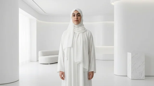 Saudi Woman in White Abaya Modern Minimalist Interior