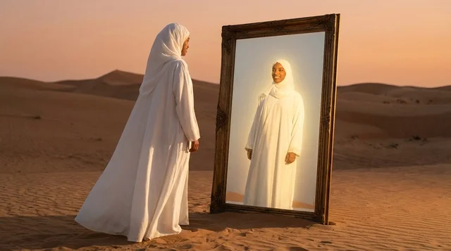 امرأة أفريقية مع انعكاس المرآة في الصحراء وقت الغروب