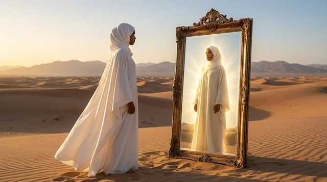 Woman in White Hijab with Mirror in Desert Sunset