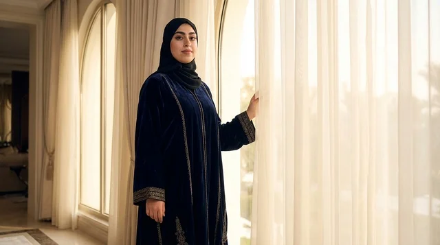 امرأة إماراتية بعباءة مخملية سوداء بجوار النافذة