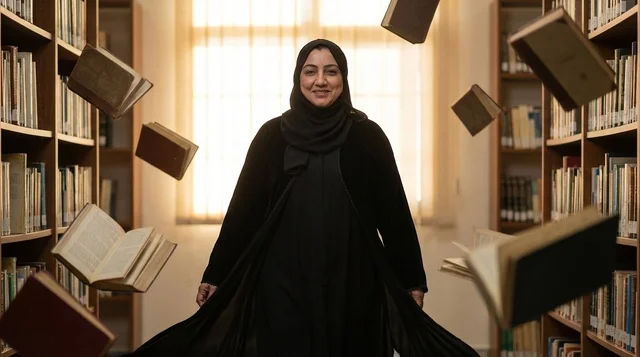 Saudi Woman in Abaya with Floating Books in Library