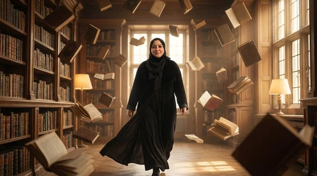 امرأة سعودية بالعباءة مع كتب طائرة في المكتبة
