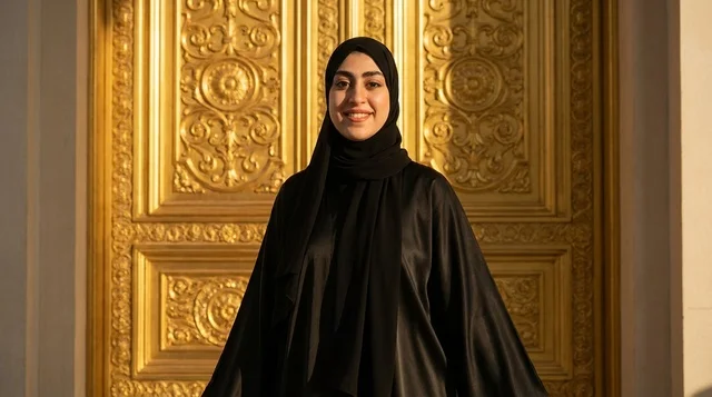 امرأة إماراتية بالعباءة تقف أمام باب ذهبي مزخرف