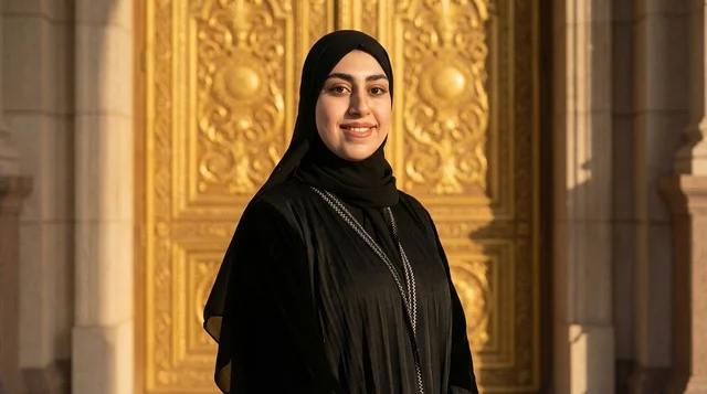 A Saudi woman in a black abaya in front of a golden Islamic door.