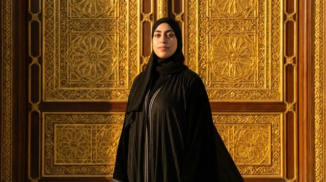 Saudi Woman in Black Abaya by Golden Islamic Door Saudi Woman in Black Abaya by Golden Islamic Door