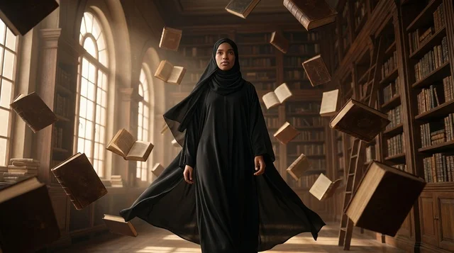 Arab Woman in Abaya with Floating Library Books