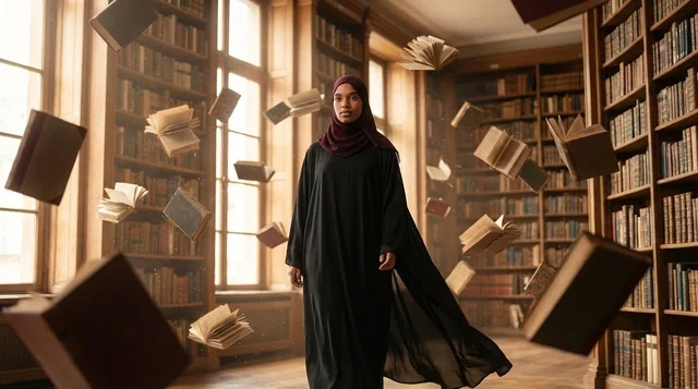 A Saudi woman in an abaya with flying books in the library.