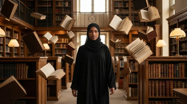امرأة عربية بالعباءة مع كتب طائرة في مكتبة تقليدية