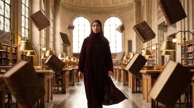 Arab Woman in Traditional Library with Floating Books