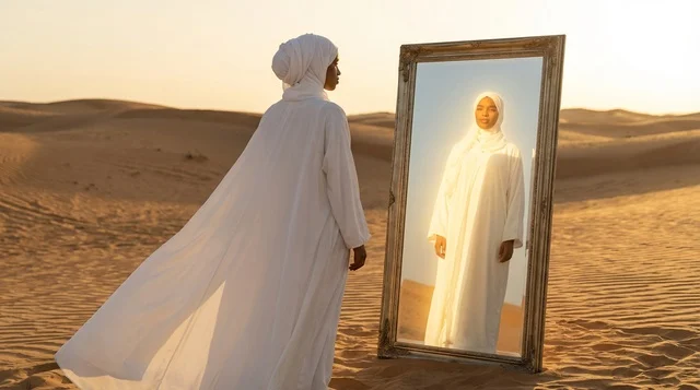 An Emirati woman in a white abaya with a mirror in the desert.
