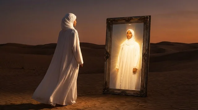 Emirati Woman in White Abaya with Mirror in Desert