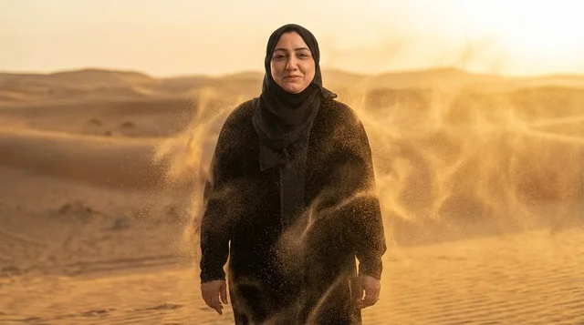 Saudi Woman in Abaya Standing in Desert Sandstorm
