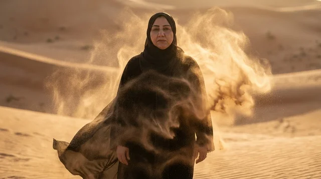 امرأة إماراتية بالعباءة السوداء في الصحراء وقت الغروب
