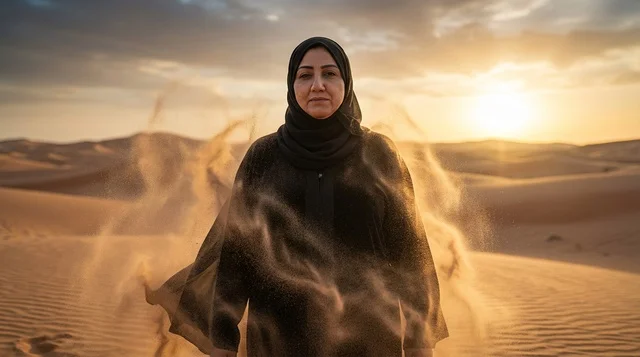 Emirati Woman in Black Abaya at Desert Sunset