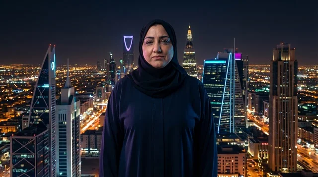 Saudi Woman in Abaya with Riyadh Night Skyline