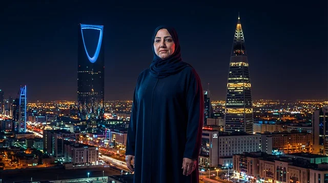 امرأة سعودية بالعباءة أمام أفق مدينة الرياض ليلاً
