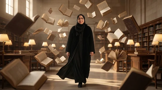 A Saudi woman in an abaya with flying books in the library.